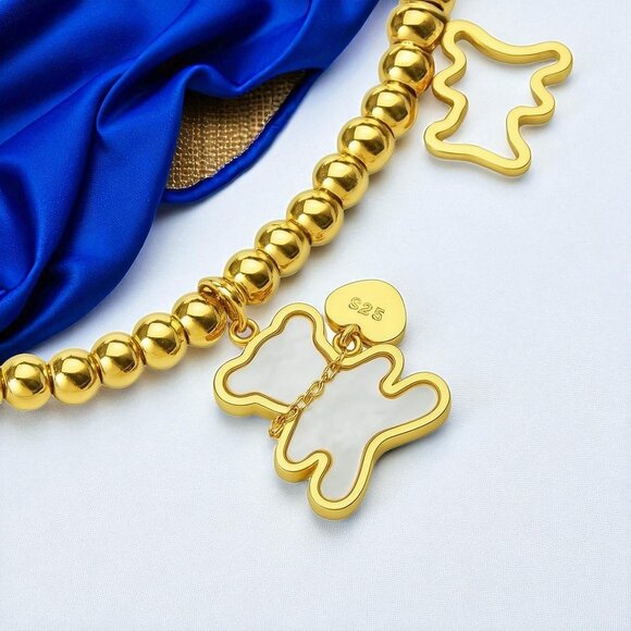 🆕️Whimsical 18K Gold Plated Stainless Steel Bear Charm Beaded Dainty Bracelet - Picture 6 of 13